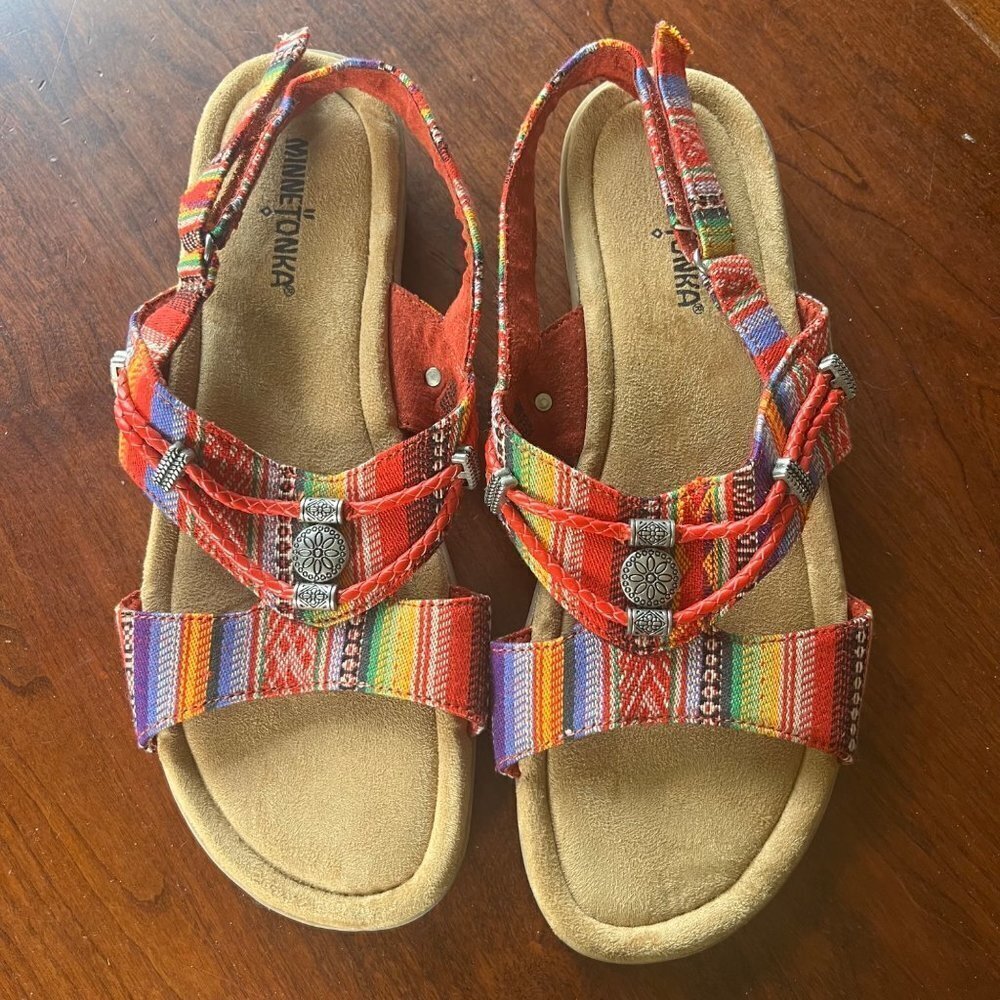 Minnetonka Red Multicolor Woven Strap Sandals